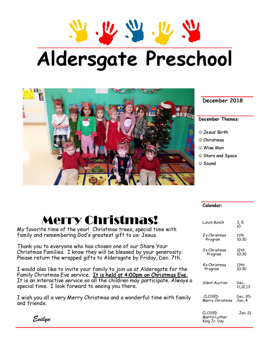 Aldersgatepreschoolnewsdecember2018 Aldersgate Weekday Ministries