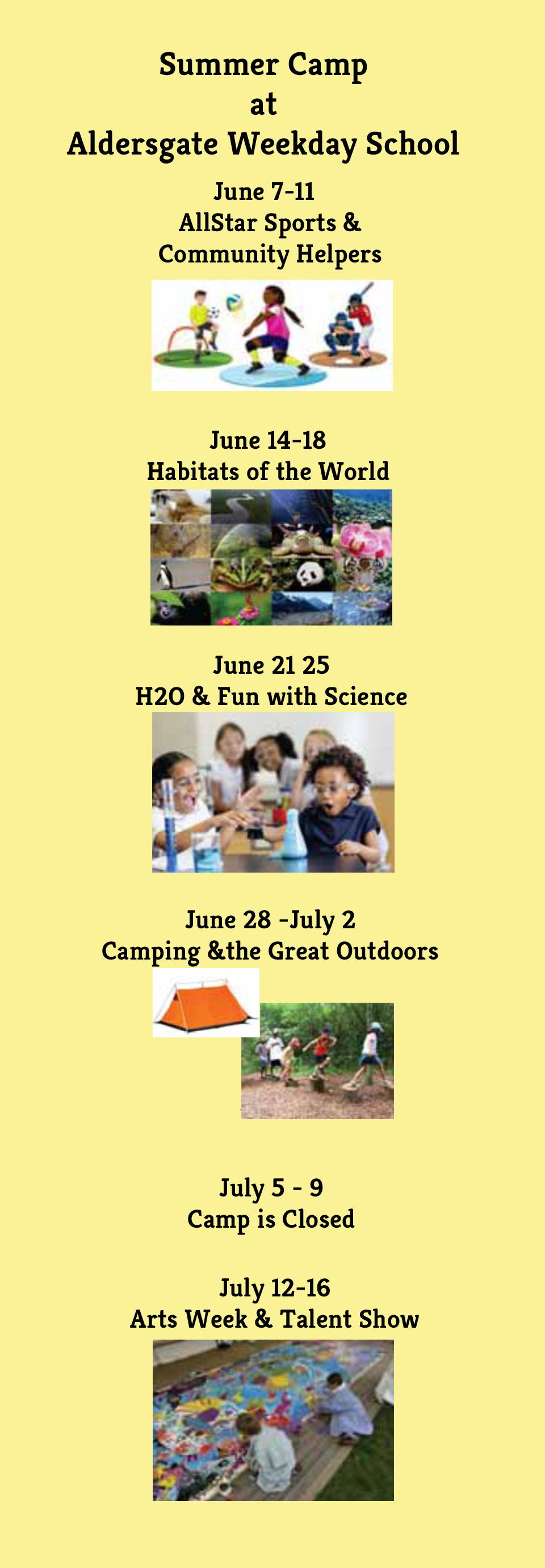 Themes and Dates for Summer Camp at Aldersgate Weekday School